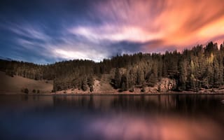 Картинка лес, закат, озеро