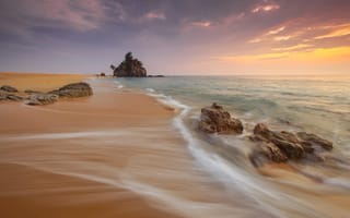 Картинка waves, beach, sunset, long exposure, sea, tide, rocks