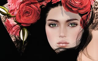 Картинка девушка, венок, лицо, волосы, глаза, брюнетка, розы