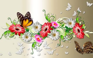 Картинка коллаж, цветы, лепестки, мотылек, букет, бабочка