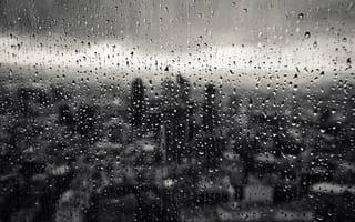 Обои макро, окно, город, капли, стекло, дождь