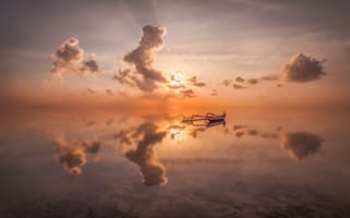 Картинка море, sea, clouds, sunset, закат, Anton Sadomov, лодка, облака, boat, отражение, reflection