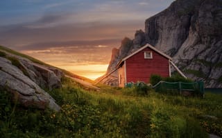Картинка дом, Lofoten Islands, Norway, рассвет, Лофотенские острова, Reine, утро, Норвегия, скалы, Рейне