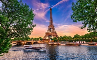 Картинка деревья, эйфелева башшня, Париж, река "Сена", мост