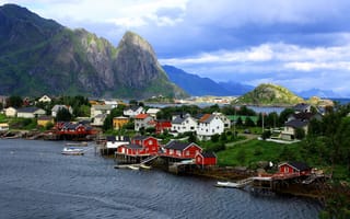 Картинка море, пейзаж, Рейне, дома, Лофотенские острова, Reine, Норвегия, горы, природа, Лофотены, деревня