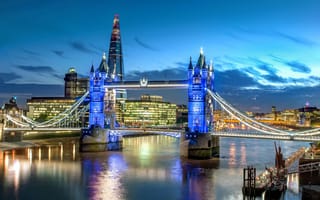 Картинка мост, город, Тауэрский мост, здания, вечер, Лондон, Темза, река, Англия, освещение