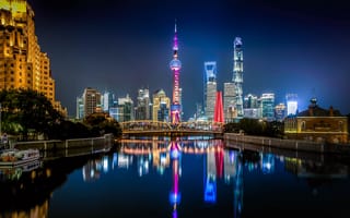Картинка ночь, город, башня, Китай, здания, отражение, освещение, Шанхай