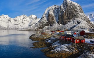 Картинка море, снег, Норвегия, природа, пейзаж, Лофотенские острова, дома, горы, Лофотены
