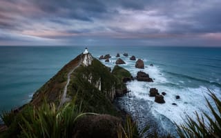 Картинка дорога, пейзаж, океан, природа, Наггет Пойнт, Новая Зеландия, маяк, Nugget Point