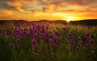 Картинка закат, поле, цветы