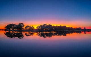 Картинка деревья, Англия, отражение, закат, озеро