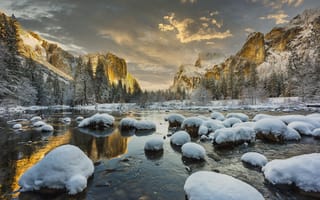 Картинка снег, горы, озеро, США, Йосемити, камни