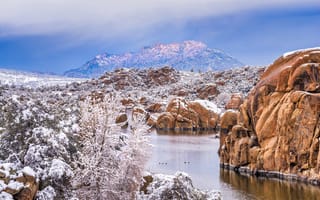 Картинка снег, горы, Granite Dells, скалы, США, Аризона