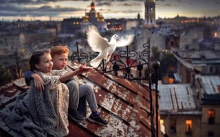 Картинка дети, друзья, девочка, на крыше, птица, дружба, город, белый голубь, мальчик