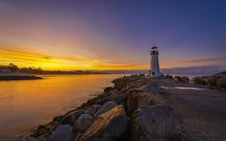 Картинка пейзаж, природа, Walton Lighthouse, камни, утро, маяк, Калифорния, океан, рассвет, США