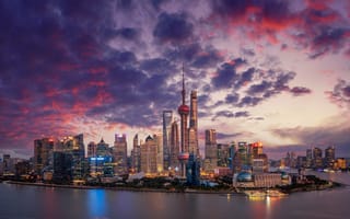 Обои Huangpu River, дома, небоскрёбы, Шанхай, Китай, Shanghai, China, панорама, река, здания, Река Хуанпу