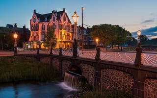 Картинка мост, Hotel Molendal, Арнем, река, фонари, здание, Arnhem, Нидерланды, Netherlands