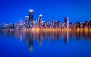 Картинка вода, озеро, ночной город, дома, здания, Иллинойс, Чикаго, панорама