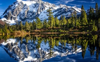 Обои лес, деревья, горы, Washington State, отражение, Picture Lake, Каскадные горы, Cascade Range, озеро, Озеро Пикчер, Штат Вашингтон, Гора Шуксан, Mount Shuksan