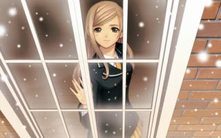 Обои аниме, зима, снег, окно, девушка