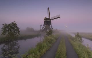 Картинка Holland, Broekmolen, Streefkerk, Full Moon, Windmill