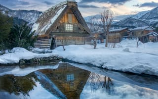Картинка зима, снег, село, дом, вода, Япония, тучи, Сиракава-го