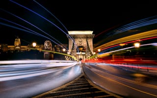 Картинка Hungary, Budapest, Night Traffic, Chain Bridge, light trails