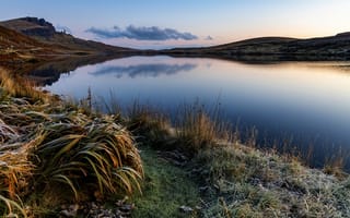 Картинка иней, трава, Шотландия, природа, холмы, пейзаж, горы, озеро