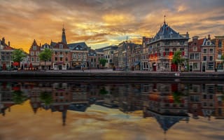 Картинка закат, Нидерланды, Голландия, набережная, дома, Амстердам
