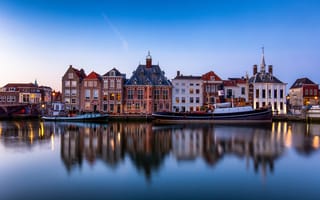 Картинка отражение, река, лодки, Maassluis, Нидерланды, Maas river
