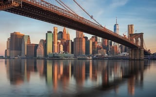 Картинка мост, дома, Нью-Йорк, США, река, Манхэттен
