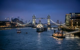 Картинка мост, Лондон, огни, корабли, Англия, река, Tower bridge, Темза