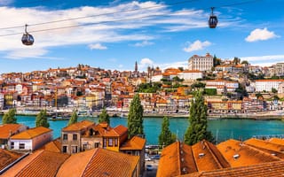 Картинка река, канатная дорога, Порто, Португалия, дома, панорама