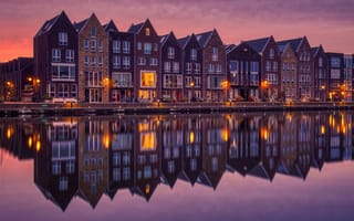 Обои отражение, Амстердам, Нидерланды, река, утро, дома