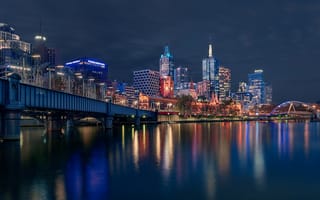 Картинка мост, ночной город, Мельбурн, Река Ярра, Sandridge Bridge, Yarra River, здания, небоскрёбы, Australia, Melbourne, дома, Австралия, река