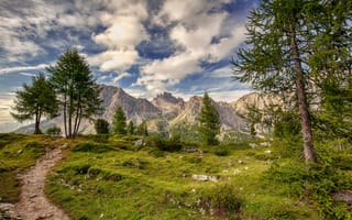 Картинка облака, деревья, тропинка, Италия, Доломиты, горы