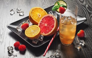Картинка стакан, грейпфрут, малина, лимонад, апельсин