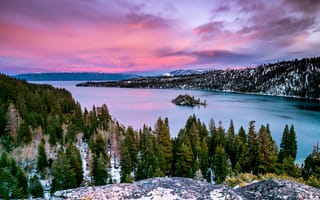 Картинка зима, снег, Lake Tahoe, леса, закат, озеро, деревья, США, пейзаж, природа, Тахо, горы