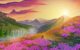 Картинка пейзаж, деревья, горы, солнце, цветы