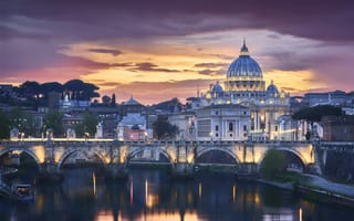 Картинка мост, здания, город, Ватикан, вечер, Рим, освещение, Италия, собор