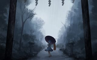 Картинка одиночество, под зонтом, туман вечером, touhou project, мрачное место, проект Восток, ливень, tatara kogasa