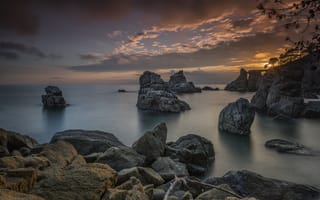 Картинка море, пейзаж, скалы, камни, Коста-Брава, Испания, утро, природа, берег