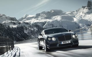 Картинка автомобиль, дорога, Bentley, машина, снег, поворот, Continental, GT V8, горы, зима, 2012