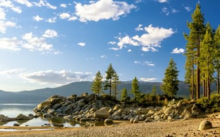 Картинка природа, lake, деревья, Тахо, пейзаж, США, берег, горы, Tahoe, камни, озеро, Калифорния