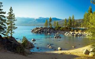 Картинка природа, Калифорния, берег, озеро, деревья, Тахо, пейзаж, камни, lake, горы, США, Tahoe