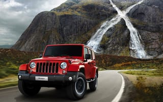 Картинка автомобиль, водопад, джип, Jeep, машина, Wrangler X, дрога, горы, 2015
