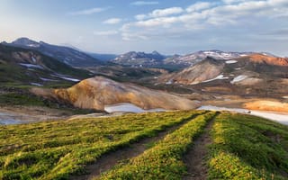 Картинка горный пейзаж, горы, Камчатка, холмы, зеленая трава
