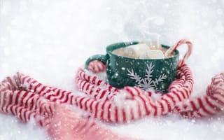 Картинка зима, конфета, чашка, снег, шоколад, шар, пар, зефир