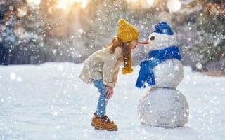 Картинка Зима, Лес, Девочка и снеговик