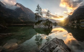 Картинка природа, солнце, вода, облака, Альпы, Германия, пейзаж, озеро, камни, деревья, горы